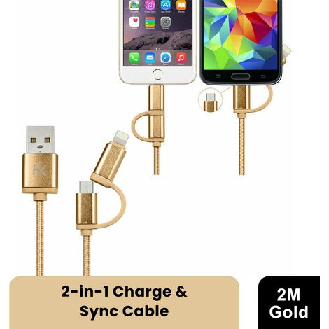 FX 2 in 1 Braided USB Charge & Sync Cable 2m Fast Charging - Gold (1/5)