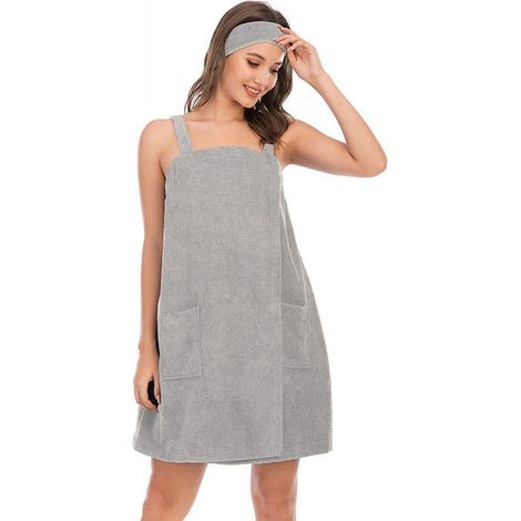 Peignoir De Bain Femme - Serviette Enveloppante Avec Poches Et Bretelles - Bandeau Pour Visage Inclus - 1 Pièce (1/5)