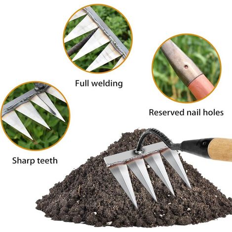 Rateau Jardin, Outillage de Jardin, Rateau de Désherbage Outils Jardinage, Rateau Gazon Scarificateur Manuel 4 Dents en Acier, Houe Jardinage, pour Désherbage/Ameublissement du Sol/Semis (sans Bâton) (1/2)