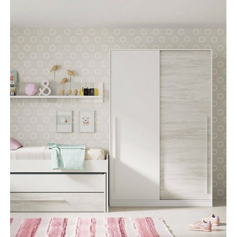 Dmora - Guardarropa Dcelesi, Armario dormitorio con 2 puertas correderas, Mueble con barra perchero y 3 baldas, 120x50h200 cm, Blanco antiguo (1/5)