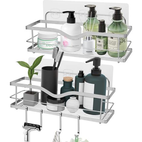 HAPPTWS Mensola Doccia Senza Foratura Portaoggetti Doccia: 2pcs Set Organizer Bagno Parete Shampoo Accessori Doccia - Muro Shelf Shower in Acciaio inox con Adesivo & 4 Ganci per Spugne Rasoi Shampoo (1/5)