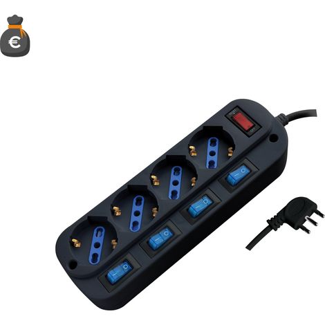 Multiprise Alcapower 4 Prises Schuko Interrupteurs Indépendants Câble 1,5m Protection Surcharge Prise Italienne 16A 3 Broches Noir SEO