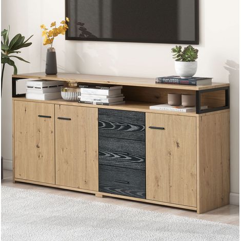 Aparador industrial 150 x 35 x 75,9 cm 3 puertas 3 cajones negro y madera DESVIAE (1/5)