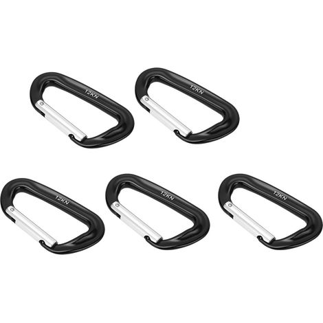 Packung mit 5 robusten 12 kN (1225 kg) Kletterkarabinern aus Aluminiumlegierung mit D-Ring, für Camping, Wandern und Outdoor-Aktivitäten (schwarz). (1/4)