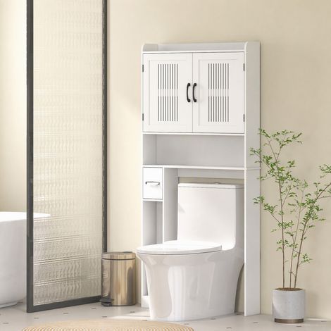 Meuble WC dessus de toilette meuble salle de bain avec placard à porte double et porte-papier 80x19,5x170cm blanc (1/5)