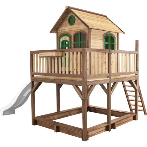 Axi Liam Maison Enfant Avec Bac À Sable & Toboggan Blanc  Aire De Jeux Pour L'Extérieur En Marron & Vert  Maisonnette / Cabane De Jeu En Bois Fsc