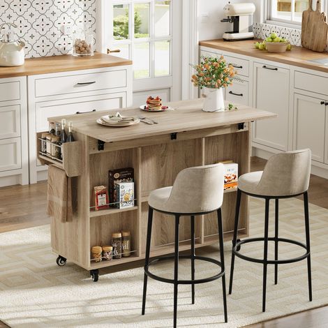Îlot de cuisine 136,5/67,5/92,8 cm effet chêne Sonoma avec plateau rabattable, roulettes et grand rangement (1/5)