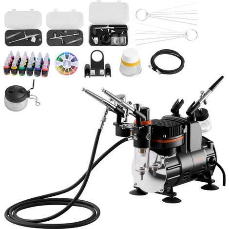 Kit Aérographe avec Compresseur d’Air 1/6 HP, Compresseur Aérographe avec 3 Pistolets à Double Action, 3 Buses, Tuyau, Peinture Acrylique et Pinceaux, Décoration Pâtisserie Onglerie Modélisme (1/5)