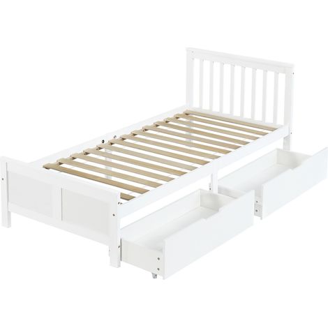 Letto singolo bianco 90x200 cm con 2 cassetti contenitore in legno di pino (1/5)