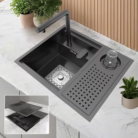 Mini-évier dissimulé — Évier de préparation simple cuve en acier inoxydable avec couvercle  Idéal pour bars et appartements (55x45 cm)