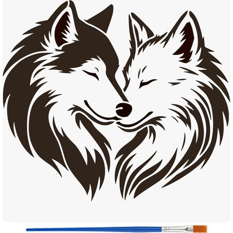 Pochoirs Couple de Loups Avec Un Pinceau 30x30cm Pochoirs de Peinture Amoureux Des Loups Pochoir Réutilisable en Forme de Cœurs Loup pour Animaux Compagnie Modèle Thème Animaux Sauvages (1/5)