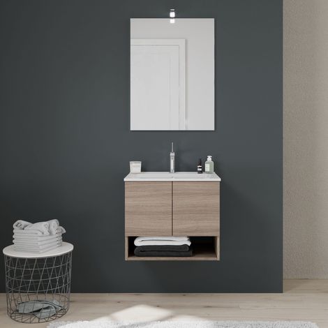 Kiamami Valentina – Armoire de salle de bains murale 60 cm – 2 portes en chêne naturel – Lavabo en céramique blanc – Compartiment ouvert (1/5)