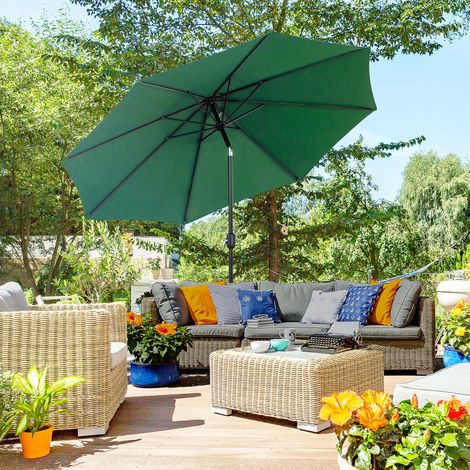 Neigbarer Gartenschirm (3 x 2,5 m) mit Kurbelgriff, aus Metall und grünem Polyester