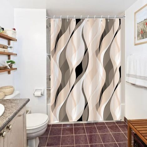 Rideau Douche Anti Moisissure, Rideau de Douche Crème Abstrait Rayures Brun Rayé Rideaux de Baignoire Tissu Imperméable Polyester Lavable Rideaux Salle de Bain avec 10 Crochets 180x180cm (1/4)