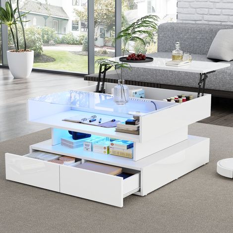 Table basse relevable 80 x 80 x 45 cm avec rangements, 2 tiroirs et éclairage LED, blanc HAVRYA (1/5)