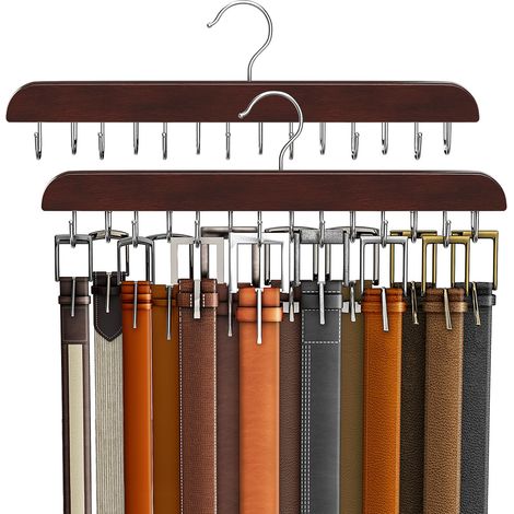 Lot de 2 cintres de ceinture pour placard, porte-ceinture en bois robuste, accessoires de placard avec 42 crochets, organiseur de ceinture pour placards, rangement maximum de 14 ceintures, acajou (1/5)