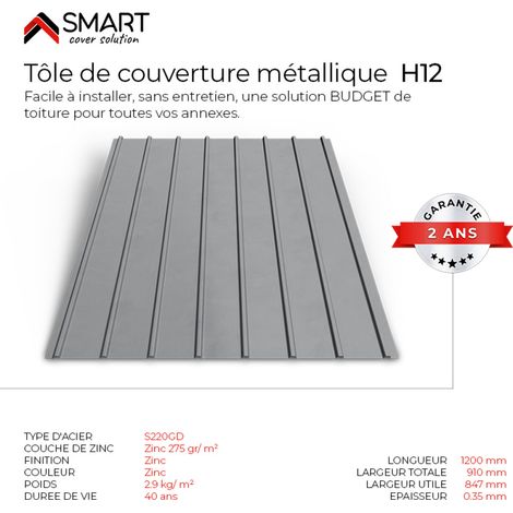Tôle bac acier - Toiture - Couverture - Pack de 6 tôles H12 Galvanisé Dimensions 1200x910x0.35 mm Zinc 275 gr S220GD (1/5)