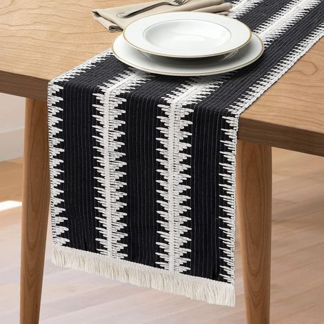 Nappe à pompons en patchwork, en coton naturel tissé, style bohème pour une réception de mariage ou une décoration de table champêtre (Noir, 3 (1/5)