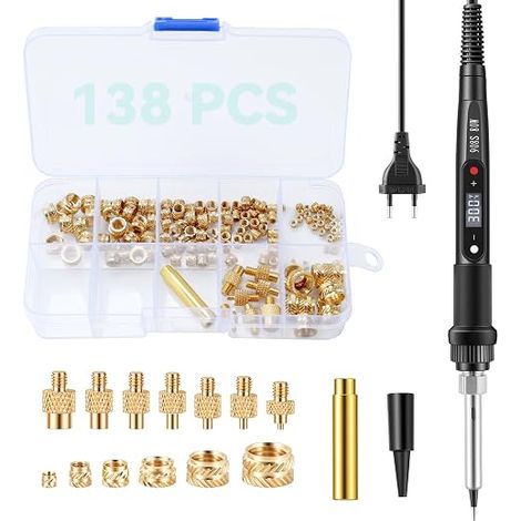 138 Pièces d'inserts Filetés, jeu de Pannes à souder, fer à souder LCD réglable 80W pour inserts filetés, écrous à souder M2 M2.5 M3 M4 M5 M6 M8, compatible avec les imprimantes 3D (1/5)