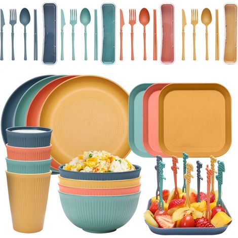 Service de table de camping pour 4 personnes, sans BPA. Ce service de table d'extérieur, disponible en 4 couleurs, est idéal pour les repas en famille, les pique-niques et le camping.
