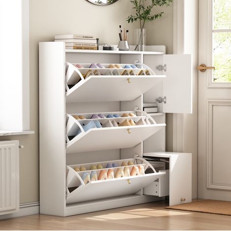 Vielseitiger Kipp-Schuhschrank mit 3 Klappschubladen, Stauraum-Eingangsorganizer mit Schublade, Freistehendes Schuhregal mit herunterklappbarer Sitzbank für den Flur, Weiß, 11924122 (1/5)