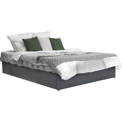 Habitat Et Jardin – Lit double PVC avec coffre Ava – Sommier à lattes inclus – Dimensions 140 x 190 cm – Couleur gris – Rangement pratique sous le matelas (1/4)