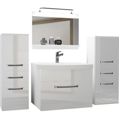 Belini Badezimmer Badmöbel Set Vollausstattung mit Waschbecken Unterschrank Waschtisch Spiegel Lampe Möbel Weiß Glänzend (1/5)