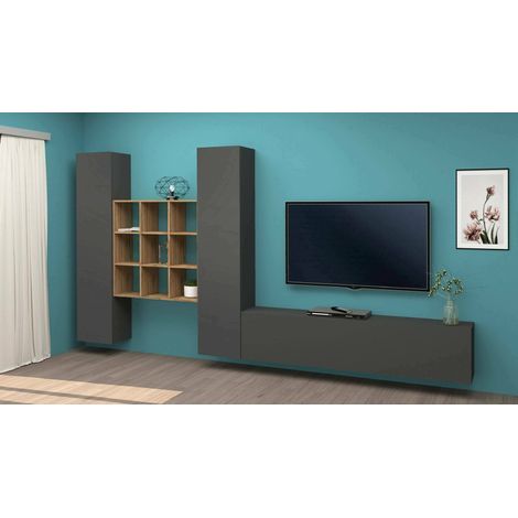 Dmora - Pared Equipada Dcarbon, Conjunto de salón Mueble TV con 3 puertas, Mueble de salón polivalente, 100% Made in Italy, cm 270x30h180, Antracita y Arce (1/5)