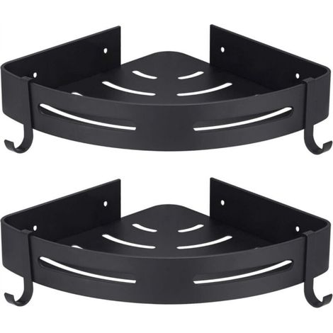 Set of 2 drill-free corner shower shelves for bathroom, aluminum, matte finish, black (1/4)
