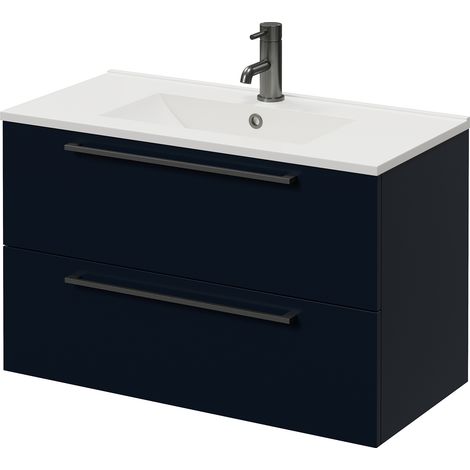 Napoli 390 Deep Blue 800mm Wall Mounted 2 Drawer Vanity Unit with Angel Basin - 800mm - Gunmetal Grey 480mm Handle