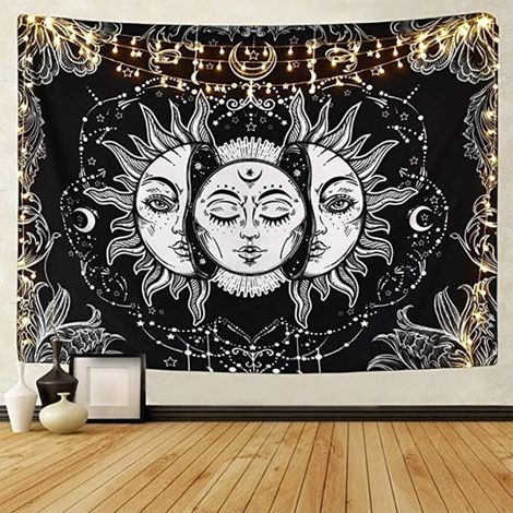 Tapisserie de Tarot Soleil et Lune Tapisserie psychédélique Noir Céleste Tenture Tapisseries murales Hippie Bohémien Mandala Indien (A-Sun and Moon, L/148cmx200cm) (1/5)