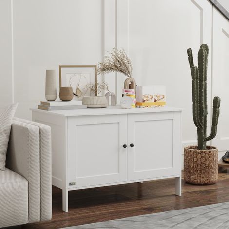 Armoire pour litière de chat avec porte, maison pour chats et séparation, litière pour grands chats 80 x 51 x 54 cm blanche (1/5)