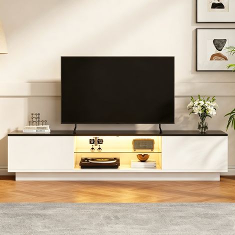 BLANKETSWARM - Meuble TV 140 cm avec éclairage LED - 2 Portes et étagères en verre – Meuble TV moderne pour salon ou chambre
140x32x35 cm, Blanc (1/5)