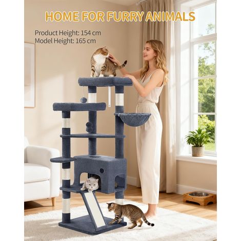 Arbre à chat, 153 cm, spacieux et stable, avec 6 poteaux à griffer, 1 grande niche confortable, 3 grandes plateformes, un panier à chat, des pompons, une planche à griffer, gris foncé (1/5)