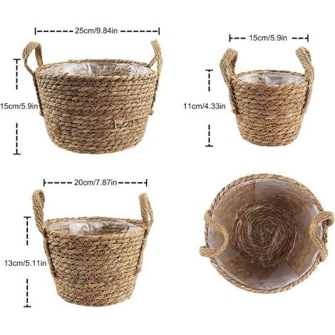 3 Seegras-Blumenkörbe mit Henkel und Kunststoffauskleidung – ohne Pflanzen (1/4)