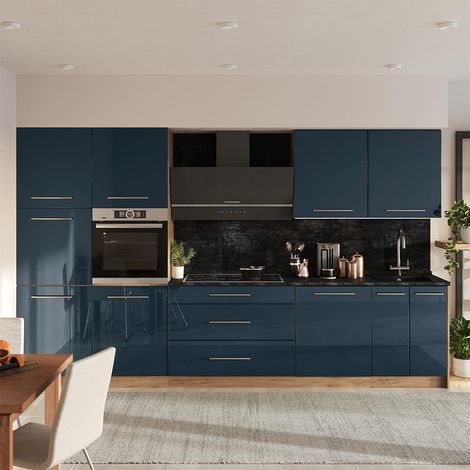 Mueble de cocina Fame-Line, Azul oscuro alto brillo/Roble dorado, 340 cm, ET Antracita, Vicco (1/5)
