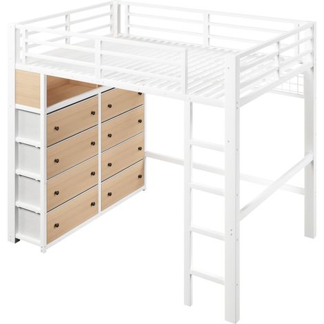 Cama alta 140 x 200 cm de metal blanco con 8 cajones, LED, estantes y panel perforado (1/5)