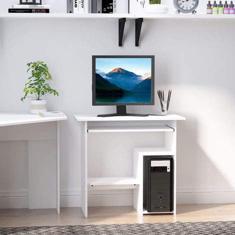 Bureau maison et bureau économisant l'espace - 80x45x75cm - meuble de - moderne avec support CPU et clavier extractible - finition blanche