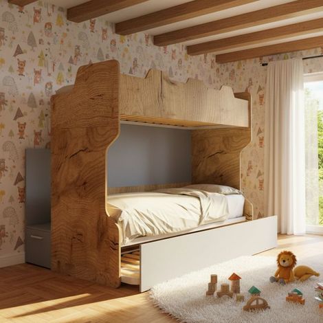 Letto a castello con scala contenitore e terzo letto estraibile - Cameretta salvaspazio - Quercia e Avio