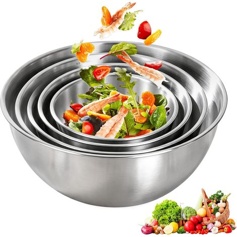 5 pièces Saladier inox, Cul de poule inox en 5 tailles (0,7L à 4L), bols inox empilables, lavables au lave-vaisselle, idéal pour cuisine et pâtisserie (1/5)