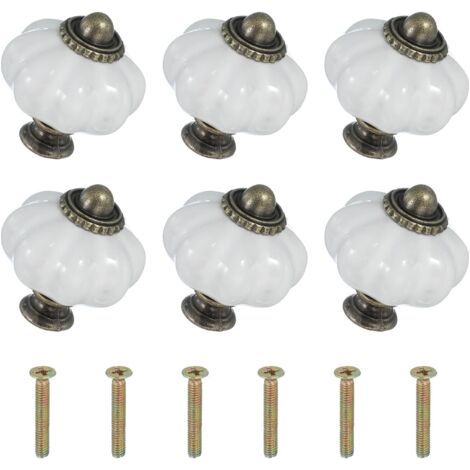 QORVA-Six boutons en céramique blanche, de 3,3 x 3,3 x 3,8 cm chacun, avec vis. Boutons et poignées de tiroir en céramique en forme de citrouille. (1/5)