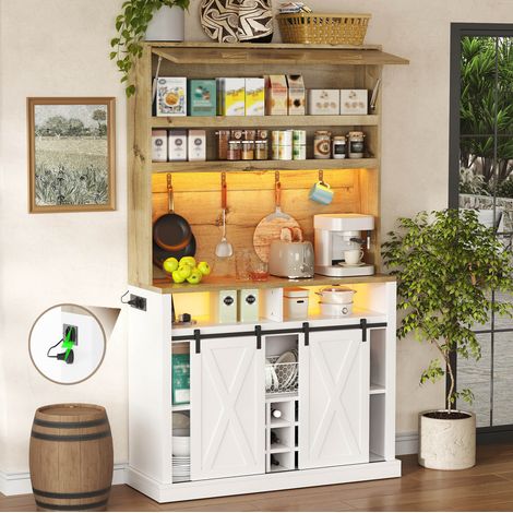 Credenza da cucina alta 110x40x191 cm con illuminazione a LED RGB, vetrina, ripiani a giorno e vani contenitori, MDF - bianco naturale (1/5)