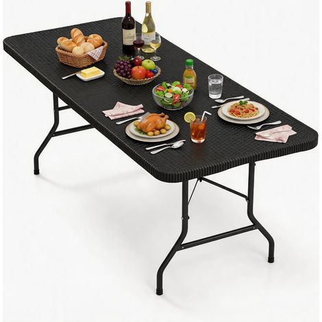 Table de jardin pliante 180 x 74 cm, avec plateau aspect rotin et poignée de transport, table de balcon pour 6 à 8 personnes, Noir (1/5)