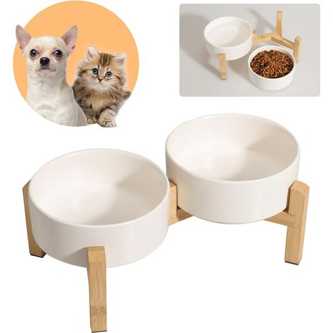 Raised Bowl for Dogs and Cats – Double Ceramic Bowl with Bamboo Stand – Food and Water Set – Small Animals – 2 x 480 ml (1/5)