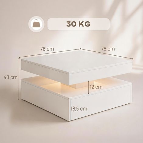 Table basse LED brillante blanche, meuble moderne 2 niveaux avec étagère et télécommande, rangement intégré (1/5)