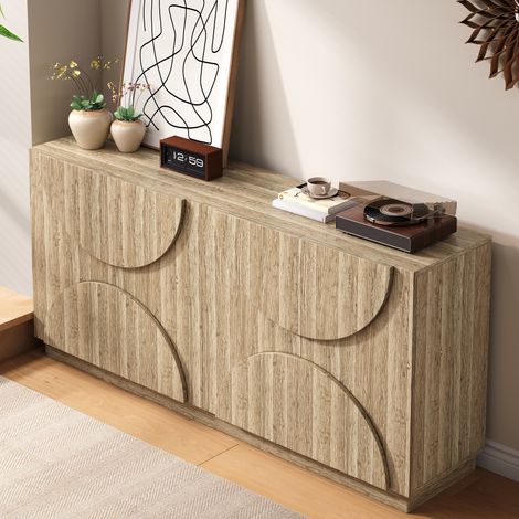 Buffet bas avec étagères, bois naturel aspect veiné, meuble de rangement à rebond, armoire basse élégante (1/5)
