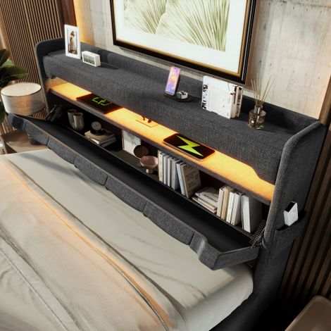 Polsterbett Einzelbett, Stauraum Kopfteil mit USB und Typ C-Port ,360-Surround-LED-Funktion rund um Kopf- und Fußende des, Betten mit Hydraulisch Stauraum, Leinen(Ohne Matratze)