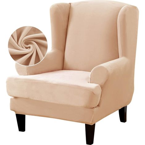 Set of 2 chair covers with winged backrest - In stretch velvet - With elastic at the bottom - For chairs with wide backrests - Beige (1/5)