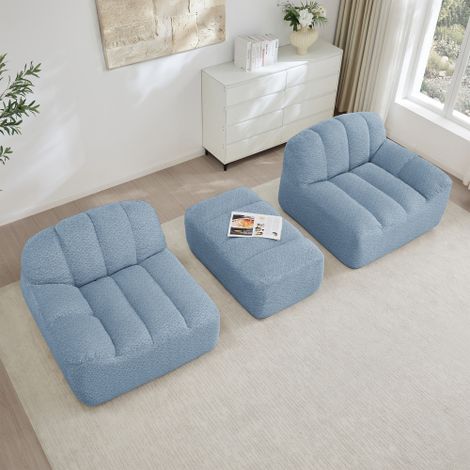 Canapé d'angle modulable 2 places sans armature en forme de coquillage, couleur bleue, livré avec un pouf. Doté d'une assise profonde et de coussins épais, sans assemblage nécessaire, adapté au salon (1/5)