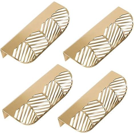 Maniglie per mobili in ottone placcato oro (set di 4), a forma di foglia. Maniglie e pomelli in rame per cassetti e ante della cucina. (1/5)